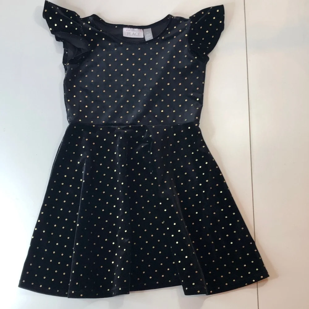 The Children’s Place elegant black velvet like dress gold glittery dots girls 5T